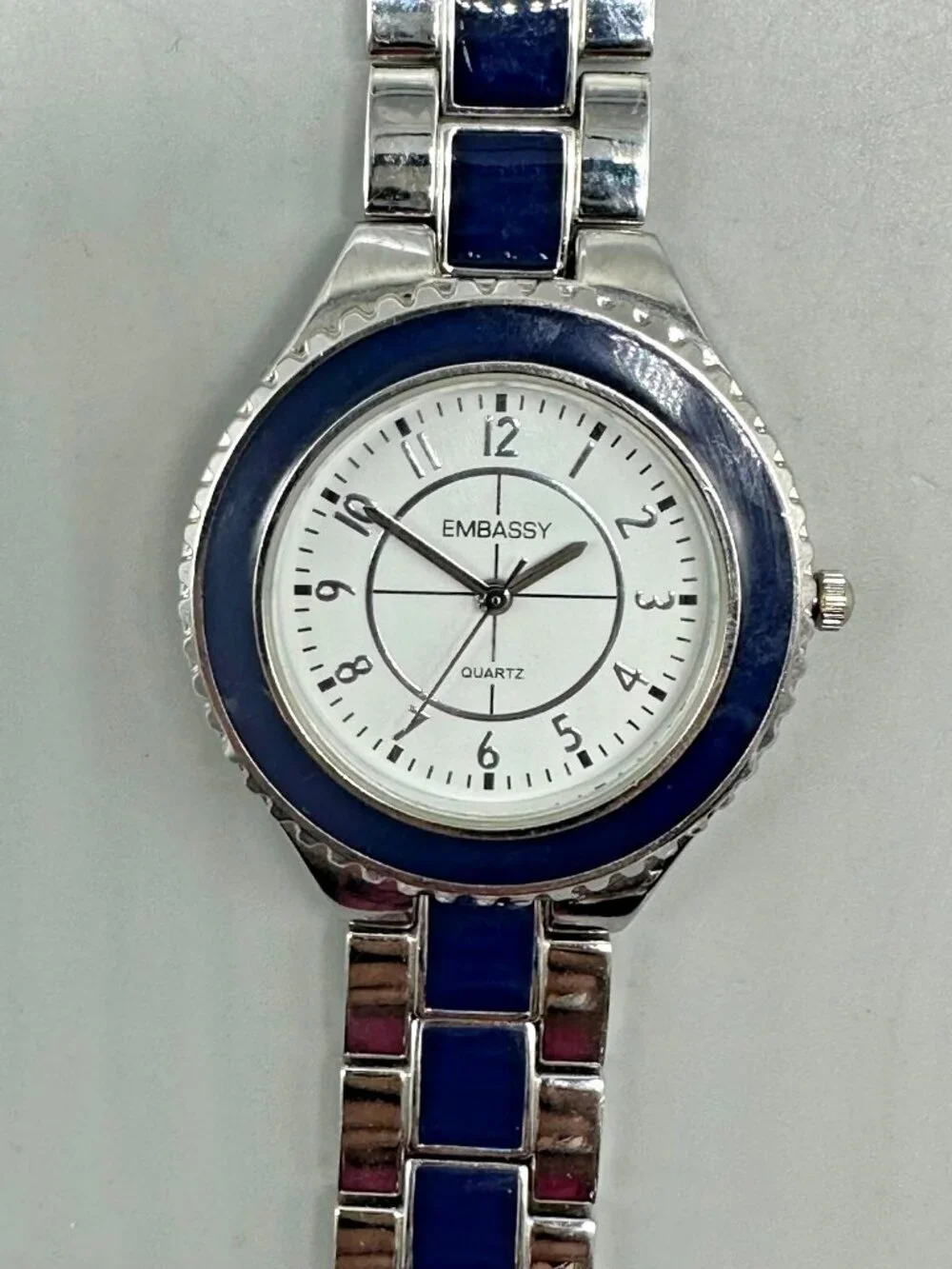 3/$30 Embassy Watch Women Silver Tone Blue Enamel Round White Dial 7